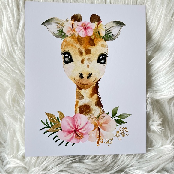 Cute Floral Giraffe Watercolor Wall Art Print Poster Unframed - Picture 14 of 15